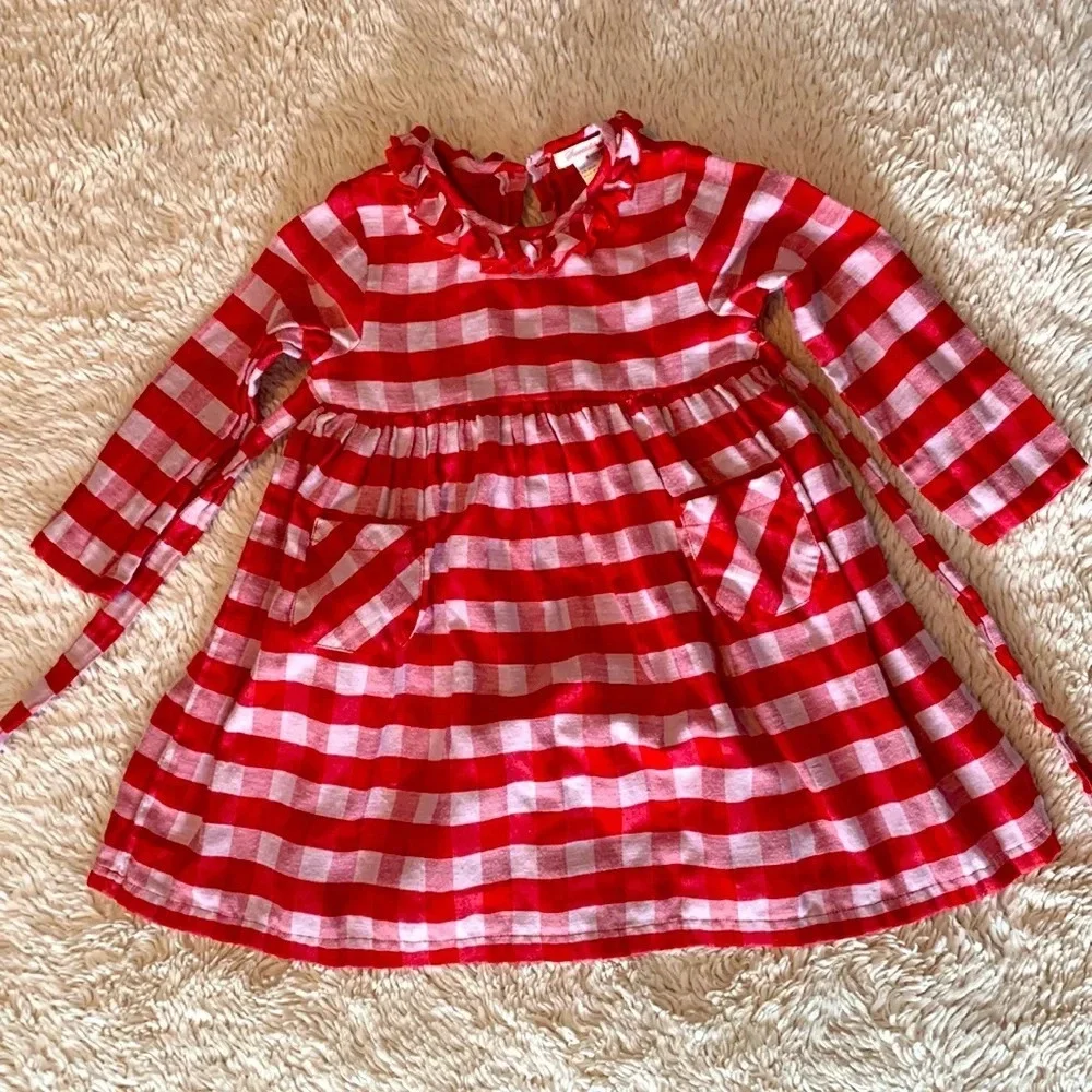 Sweetdil red and white plaid check high collar neck long sleeve dress 4T